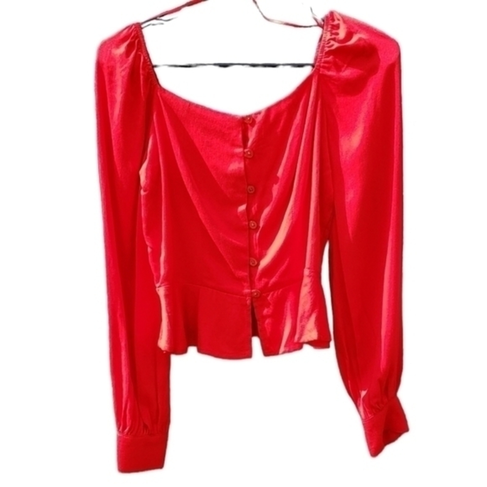 GB Red Rayon Soft Puff Shoulder Button Up Blouse XS‎ NWOT
